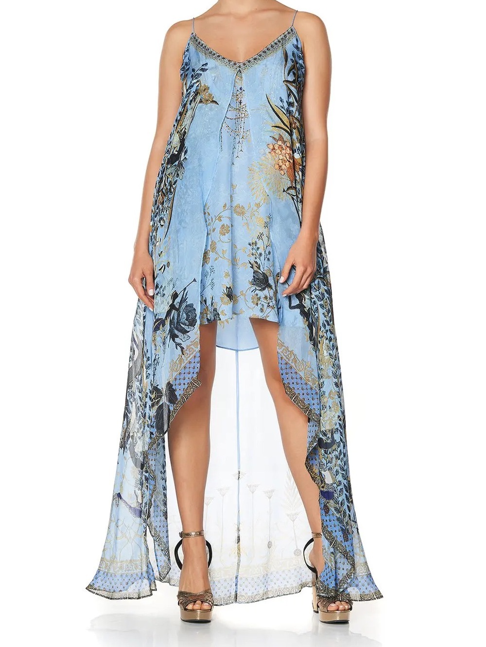 $645 CAMILLA Luxury Silk Fairy Fountain Overlay High-Low Dress - Size Small